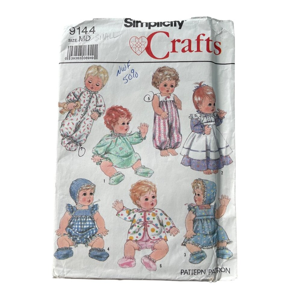 80s Simplicity 9144 Baby Doll Clothes Sewing Pattern Size Small Wardrobe CUT